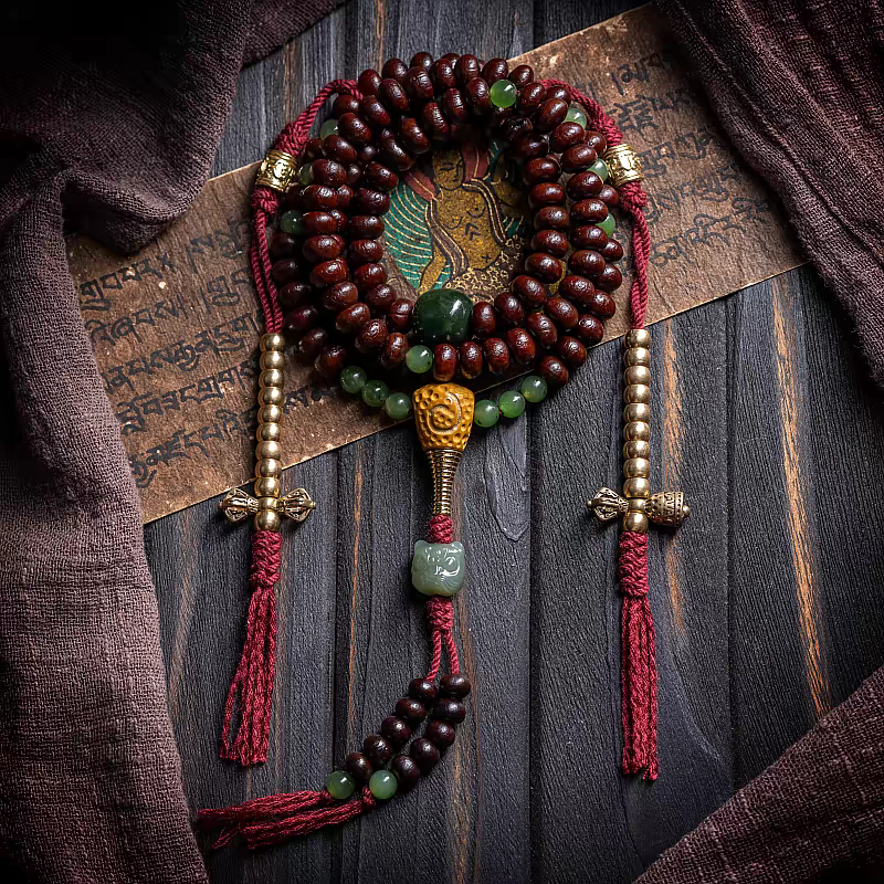 108 Mala Beads with Palm Seed and Jade Pearls