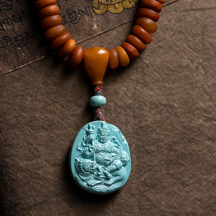 African Amber 108 Mala Beads with Turquoise Carved Jambhala