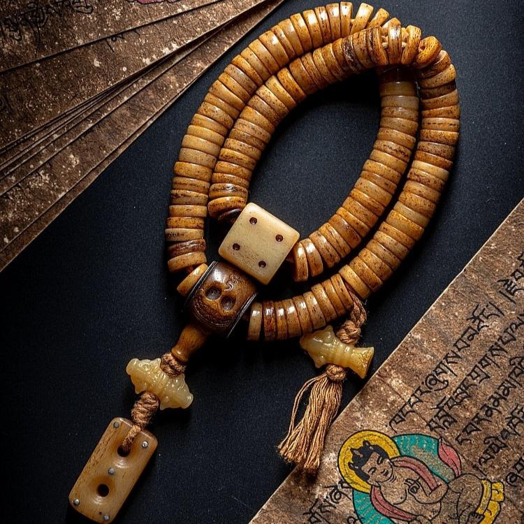 Handcrafted Old Yak Bone 108 Mala with Vajra Pendant