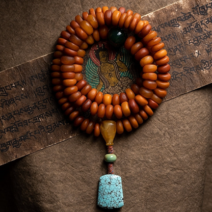 African Amber 108 Mala Beads with Turquoise Carved Jambhala